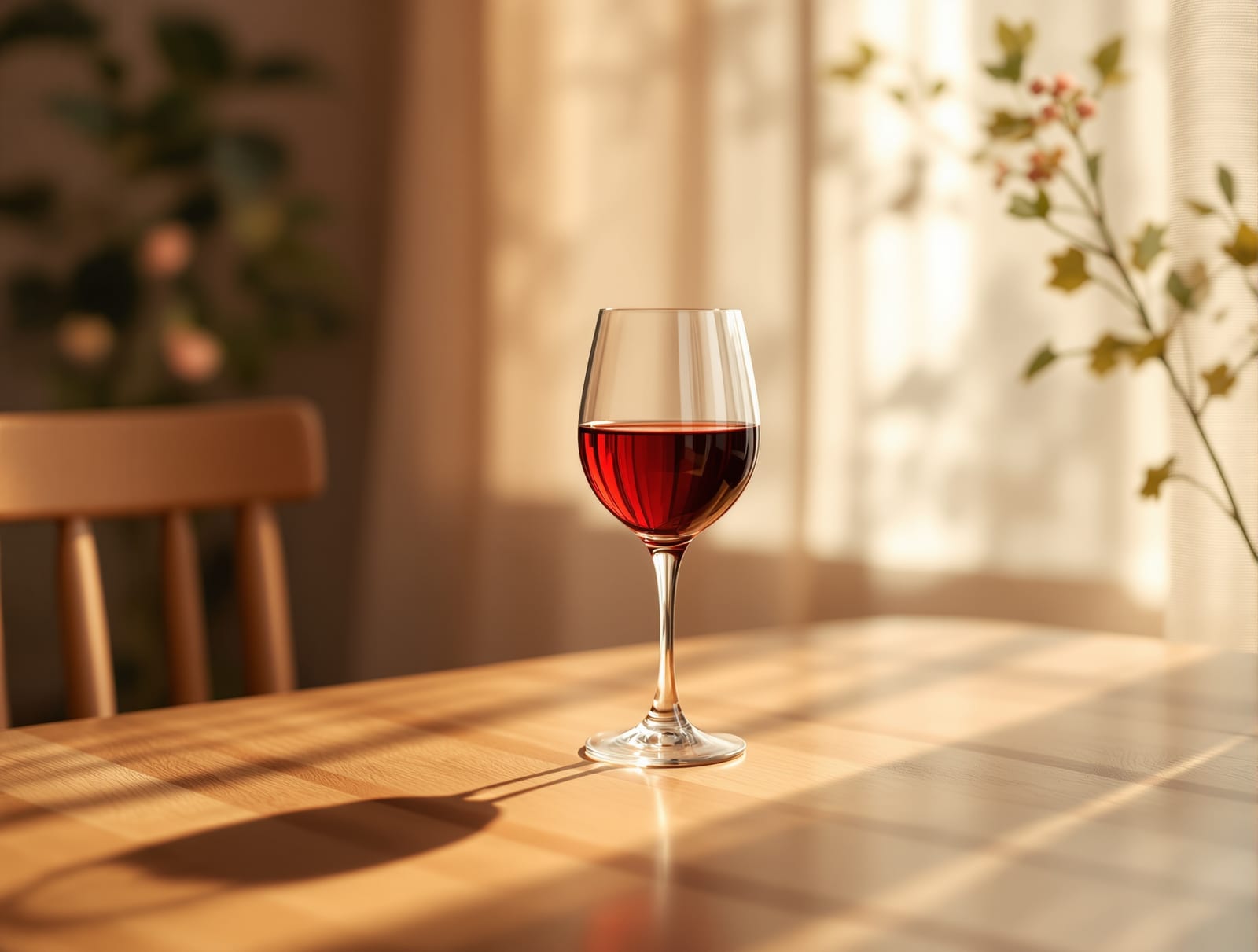 A single glass of red wine on a warm wooden table in soft evening light, calm still life