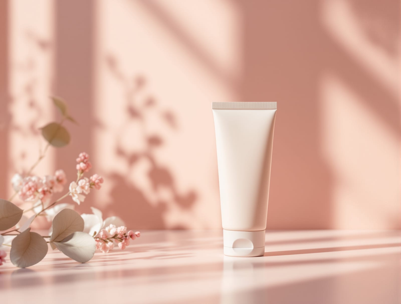 A plain prescription foam and gel tube on a clean pale rose clinic surface in soft daylight