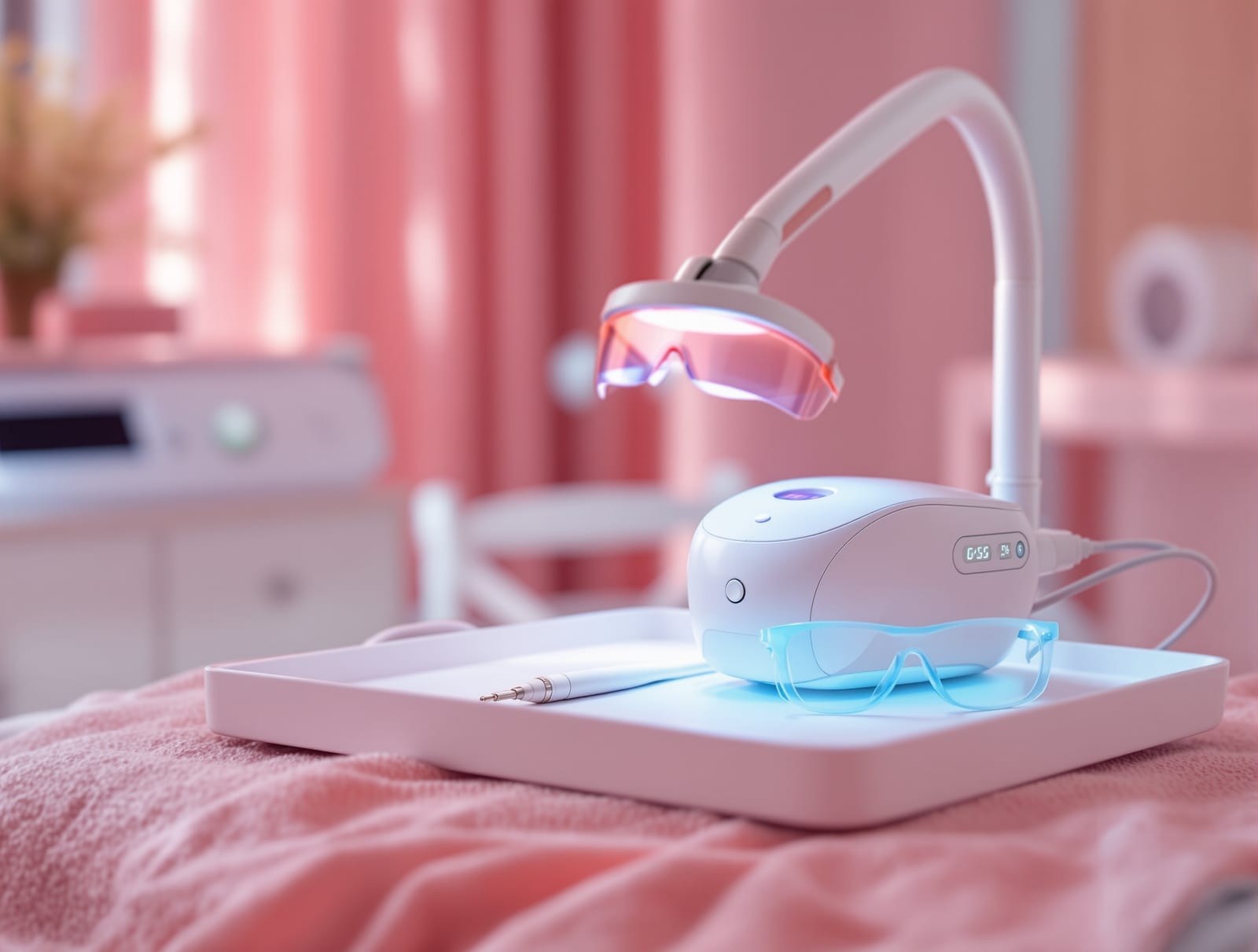 A modern broadband light clinic device and protective eyewear on a tray in a calm rose treatment room