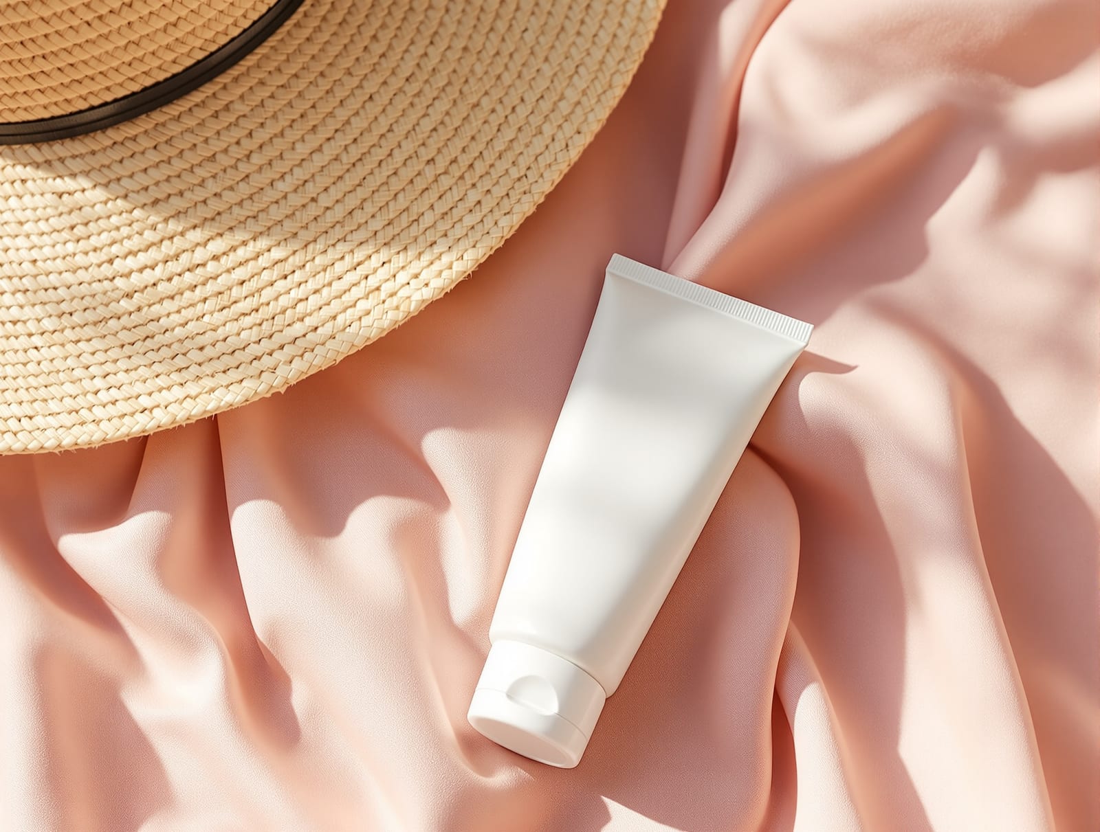 A plain mineral zinc sunscreen tube beside a wide-brim sun hat on soft blush linen in daylight