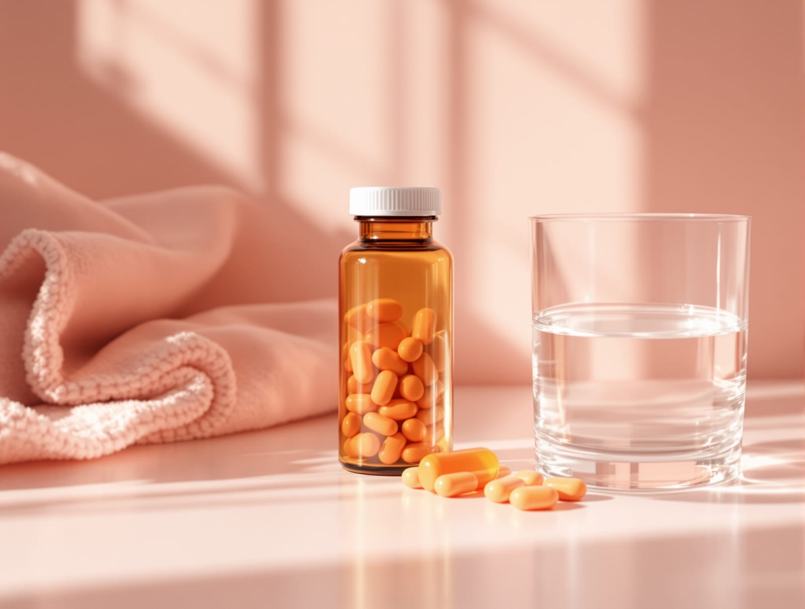 An unbranded amber prescription pill bottle beside a glass of water on a clean pale rose clinic surface in soft daylight