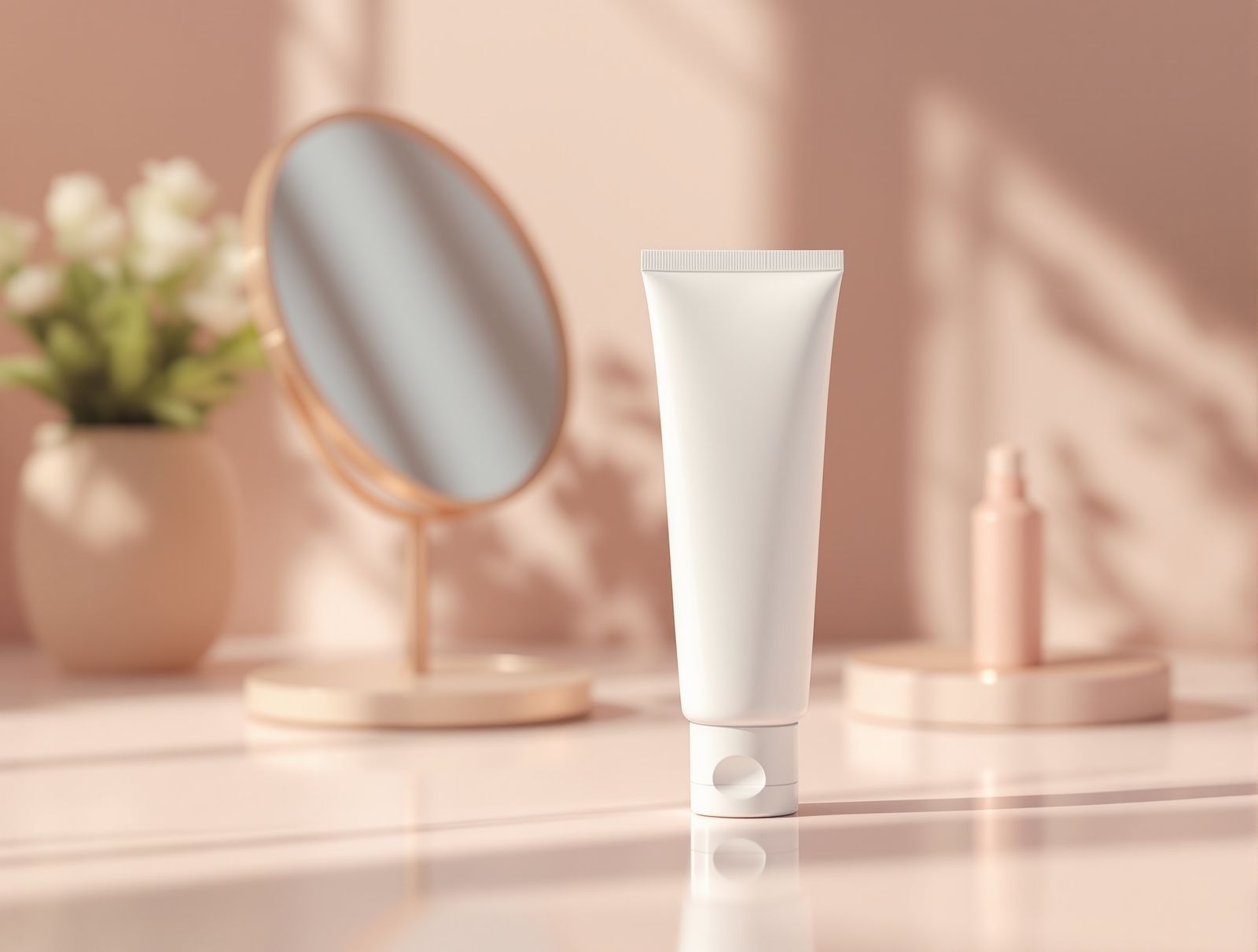 An unbranded white topical gel tube resting on a clean pale rose clinic surface in soft daylight