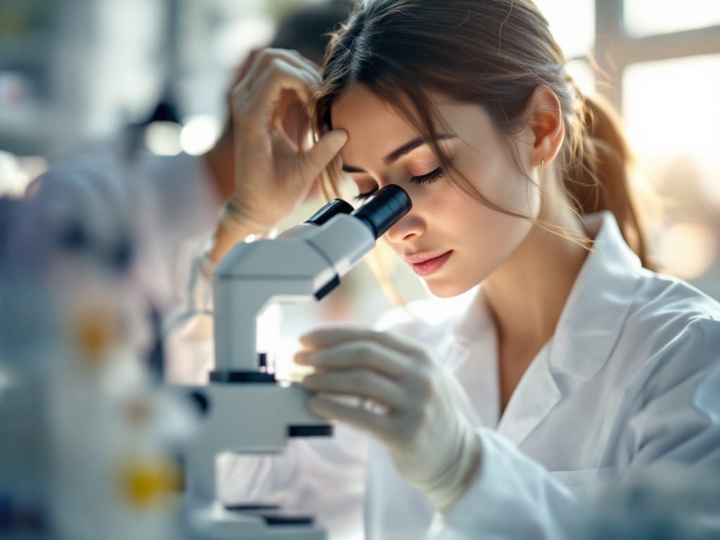 A dermatology researcher examining a skin sample slide through a laboratory microscope in a bright clean lab