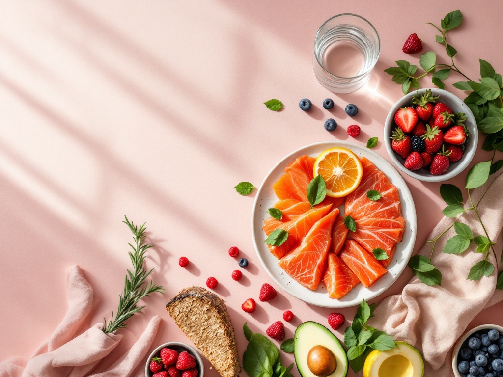 Overhead spread of fresh anti-inflammatory whole foods and a glass of water on a rose table