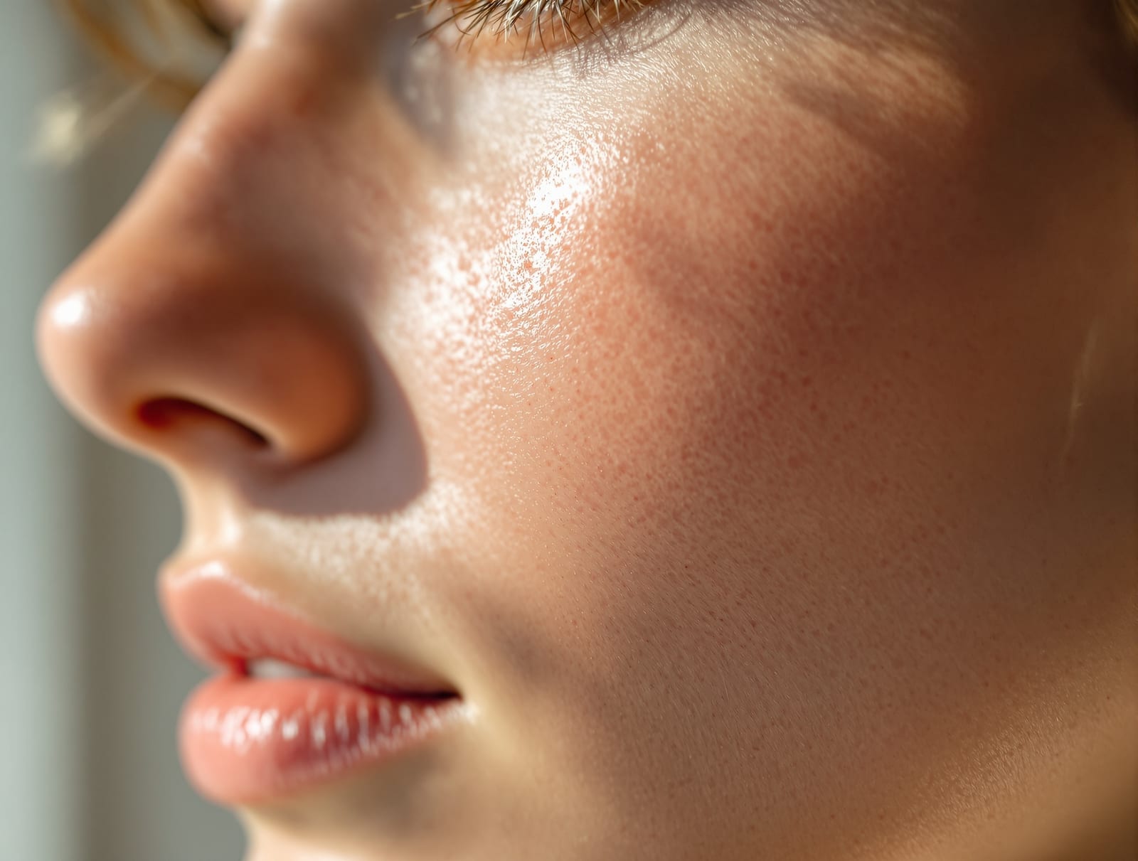 Close detail of an adult cheek and nose showing diffuse persistent facial redness in soft daylight