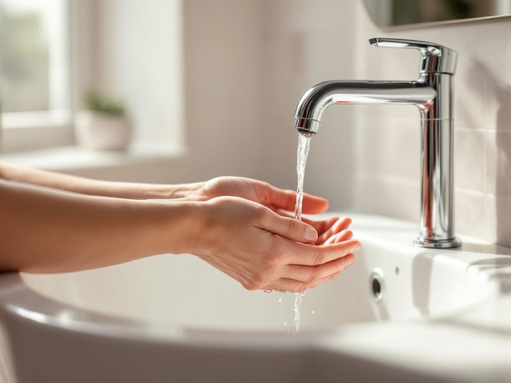 Clear water running from a chrome bathroom tap over open hands at a sink in soft morning daylight