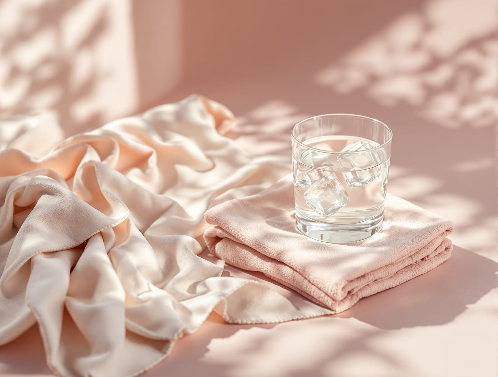 A folded cool damp cloth and a glass of iced water on a calm pale rose surface in soft daylight