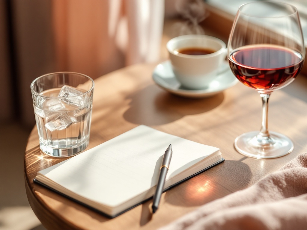 A blank notebook beside ice water, a hot drink, and a glass of red wine on a wooden table