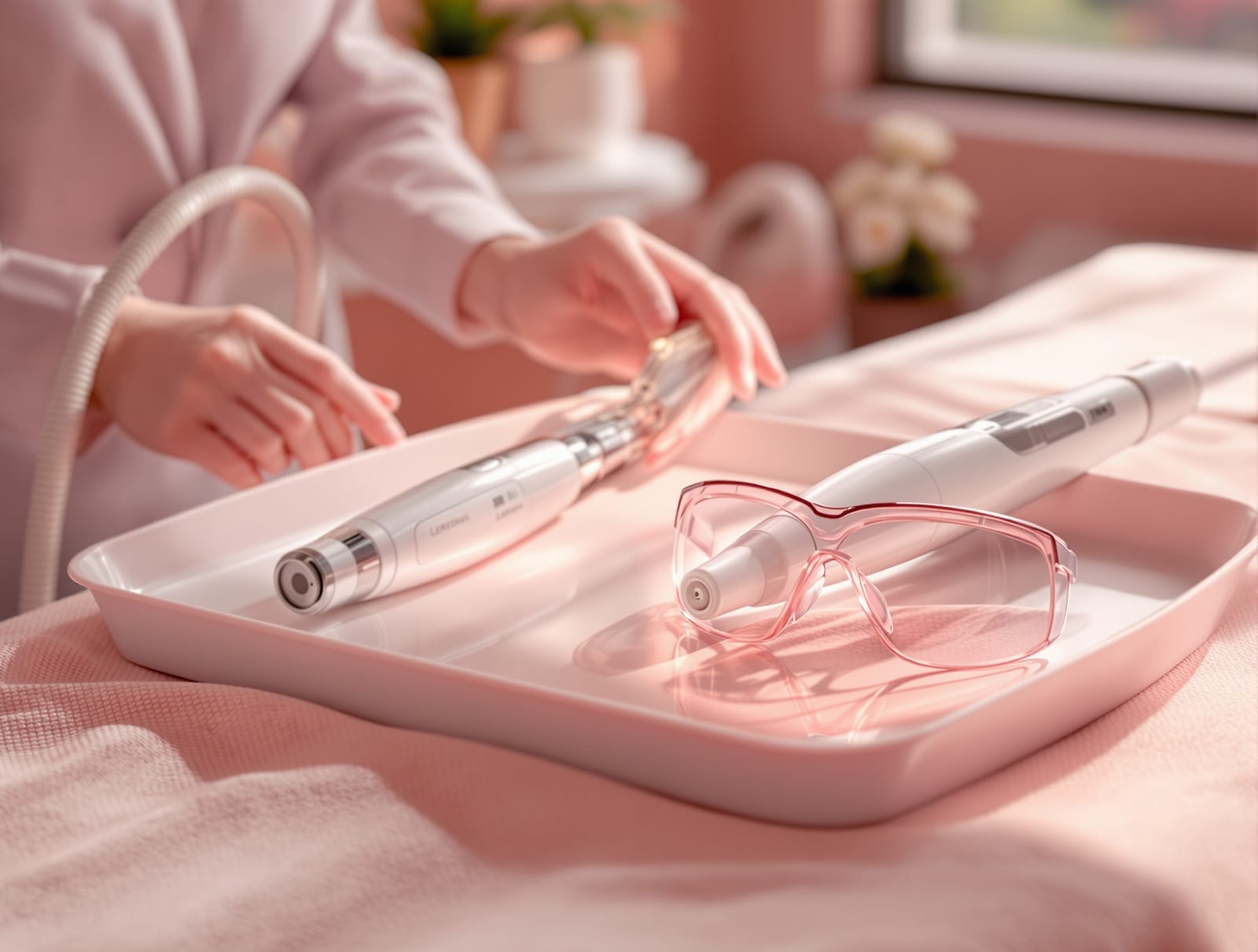 Two clinic light-based handpieces and protective eyewear on a tray in a calm rose treatment room