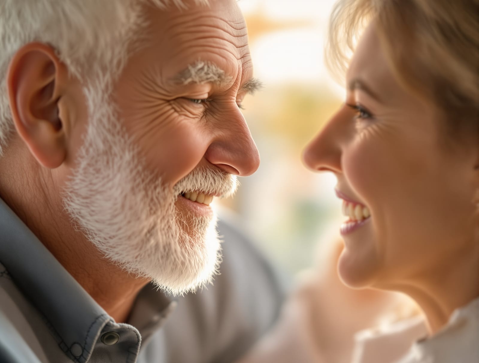 Two generations of adults seen softly out of focus in warm daylight, calm and reassuring