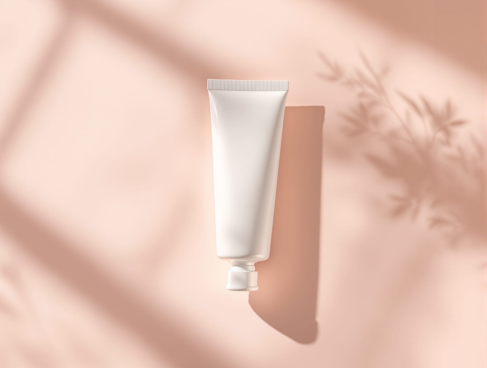 An unbranded white topical cream tube on a clean pale rose surface in soft clinical daylight