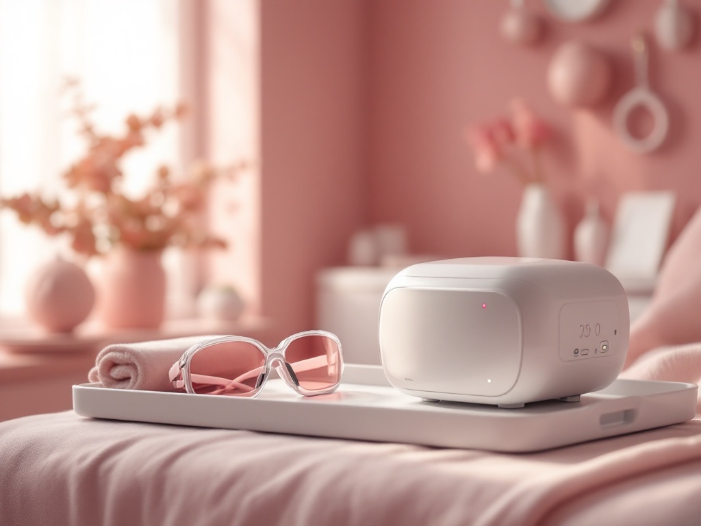 A clinic vascular laser device and protective eyewear on a tray in a calm treatment room