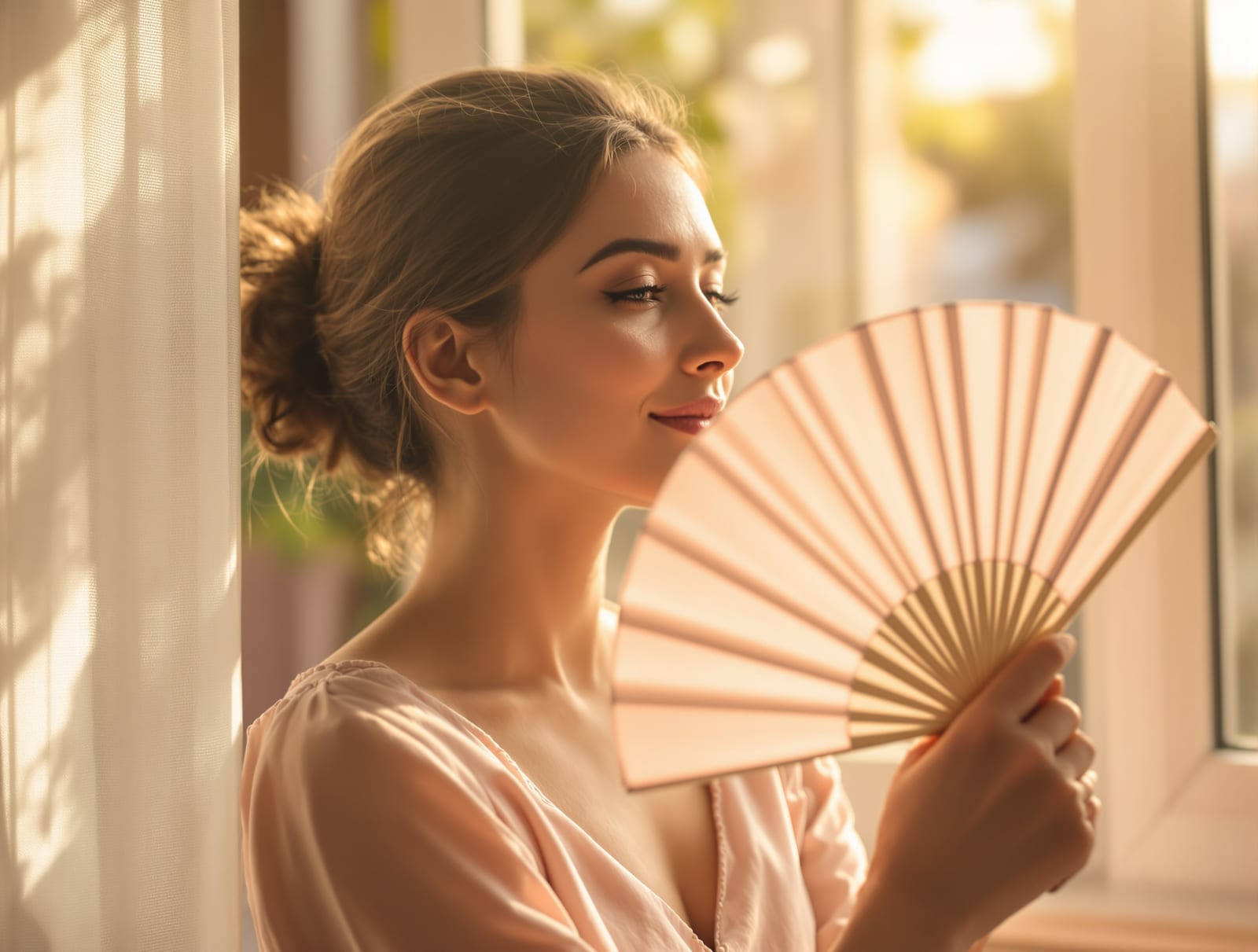 A calm adult woman by a sunlit window fanning herself gently, soft and dignified, warm daylight