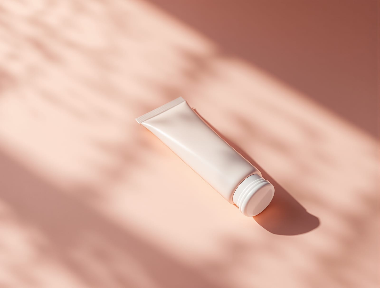 An unbranded prescription topical gel tube resting on a clean pale rose clinic surface in soft light