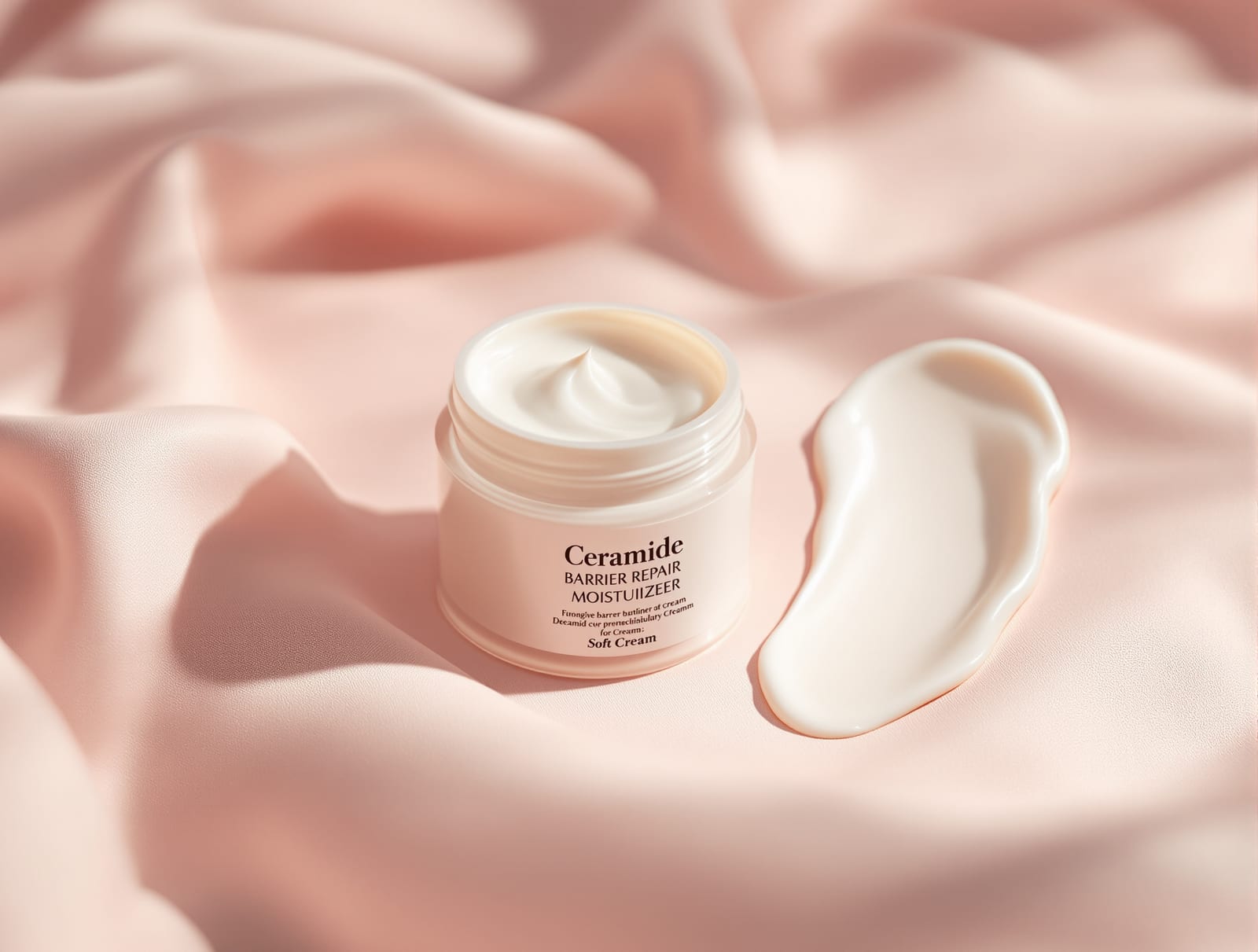 A ceramide barrier-repair moisturizer jar with a soft texture swatch on blush linen in daylight