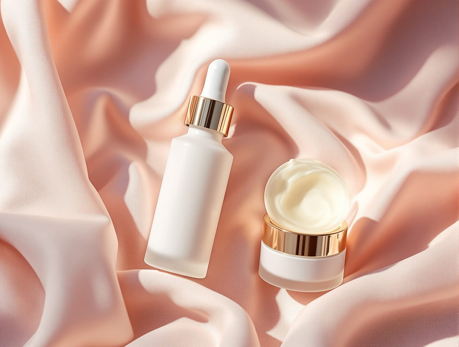 A plain dropper serum bottle and a moisturizer jar on soft blush linen in gentle daylight