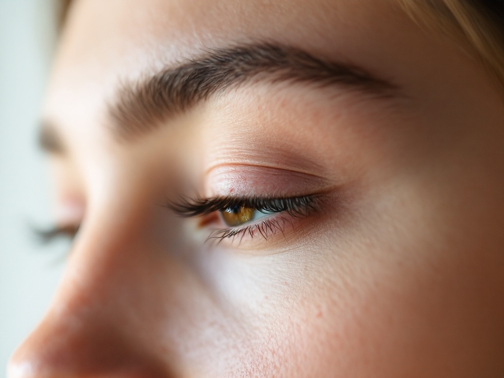 Soft close detail of an adult eye area showing mild eyelid margin irritation in daylight