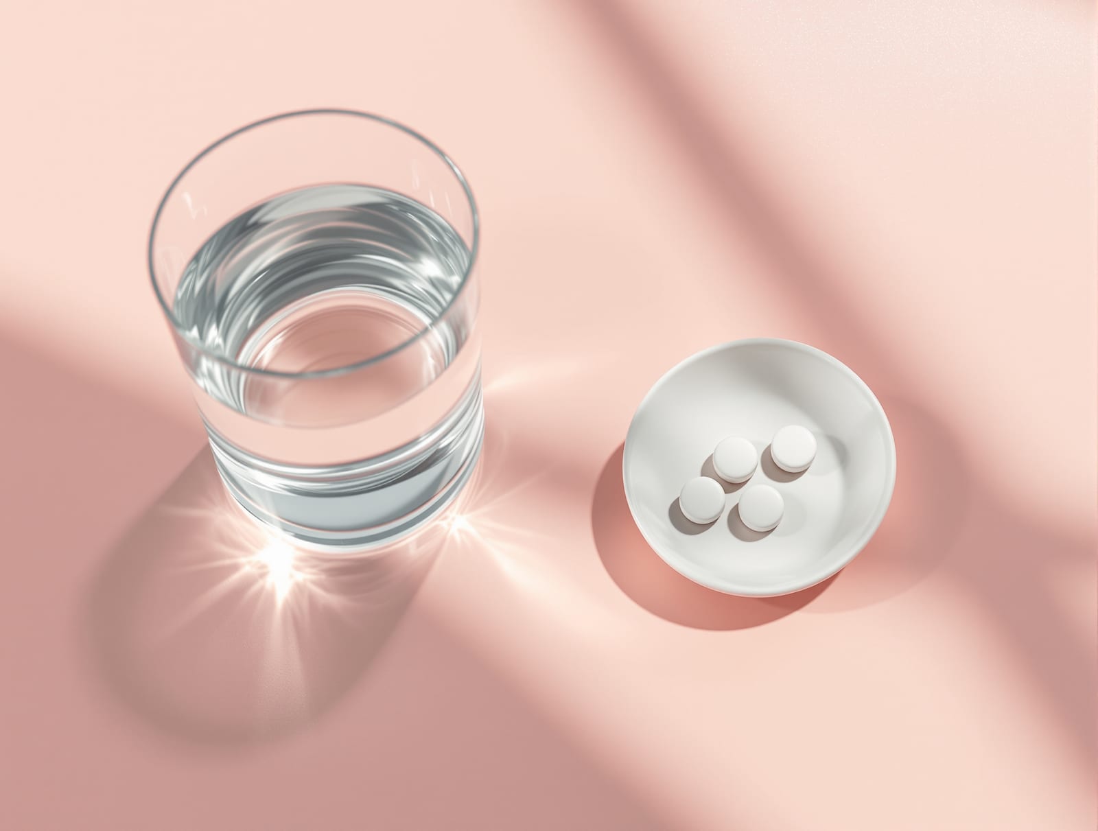 An unbranded amber prescription pill bottle and a glass of water on a clean rose surface in daylight