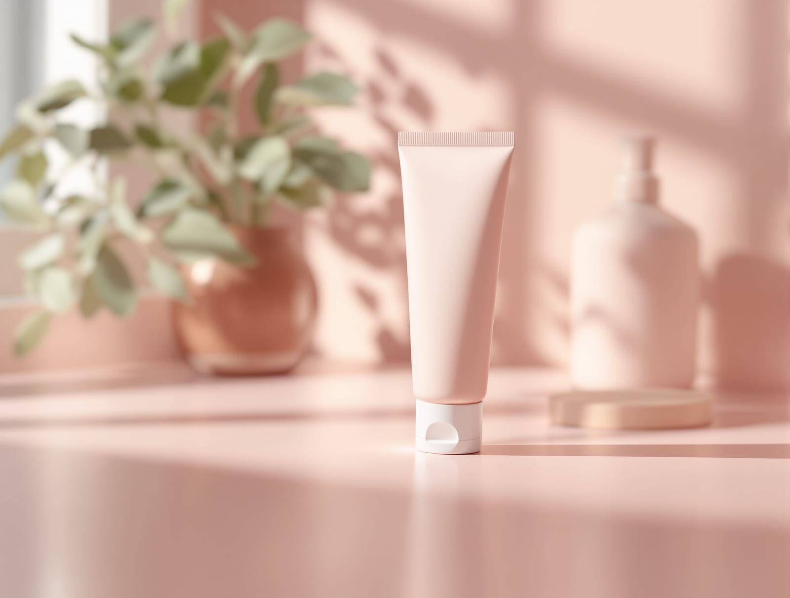 An unbranded daily cream tube on a calm pale rose vanity surface in soft morning daylight
