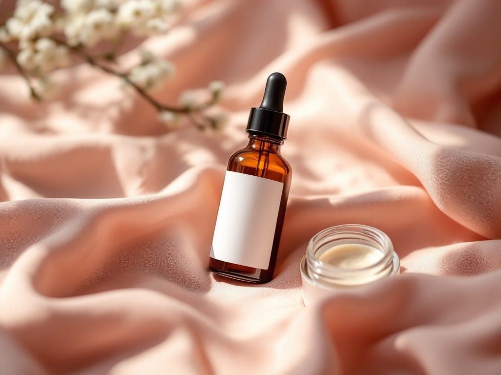 A plain unbranded amber dropper serum bottle and a barrier moisturizer jar on soft blush linen in gentle daylight