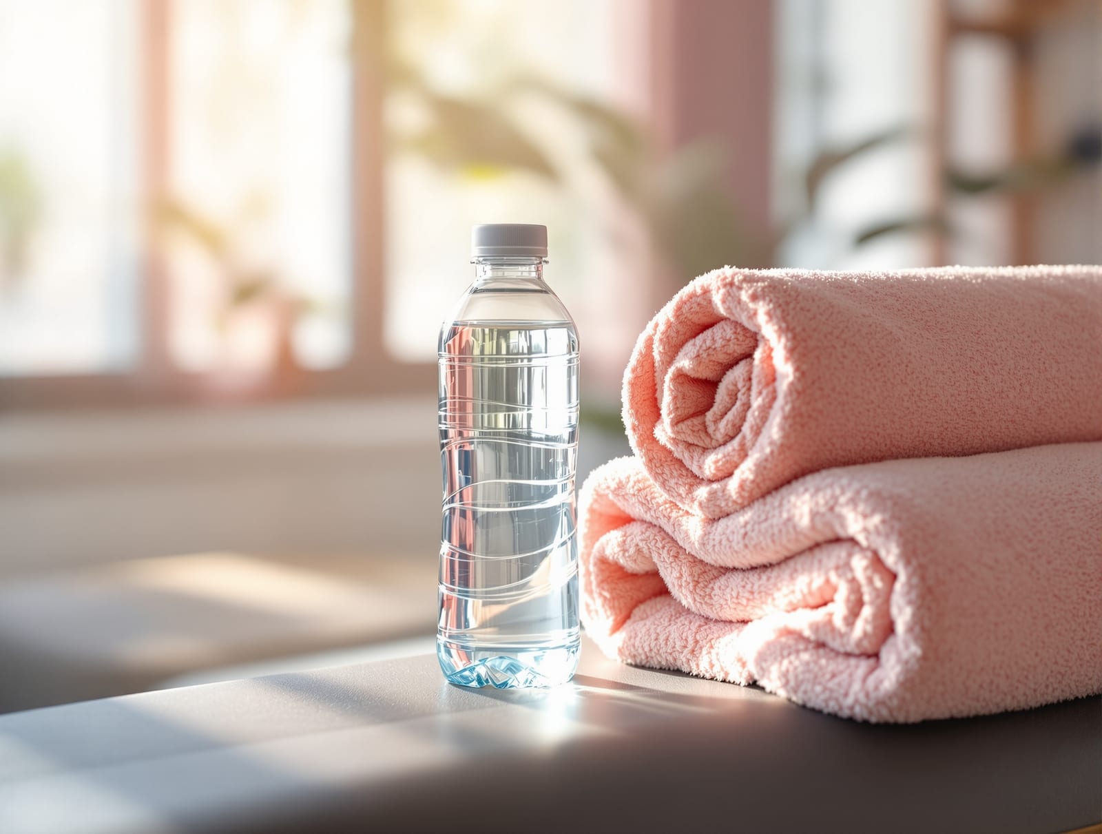 A water bottle and a cool towel on a bench in a bright airy gym in soft daylight, no people