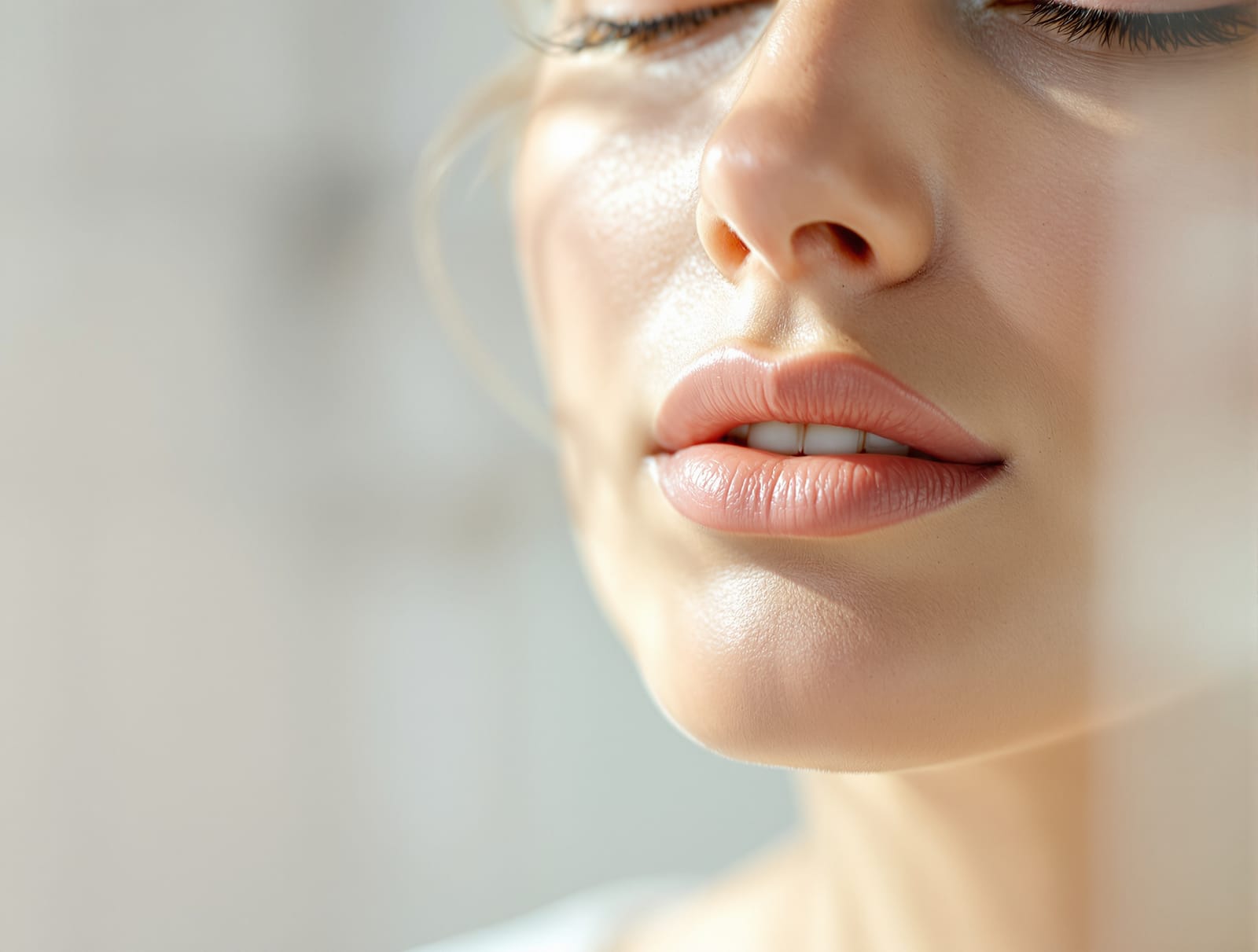 Close view of the lips and the skin around the mouth in soft natural window light, the area where a perioral rash usually appears