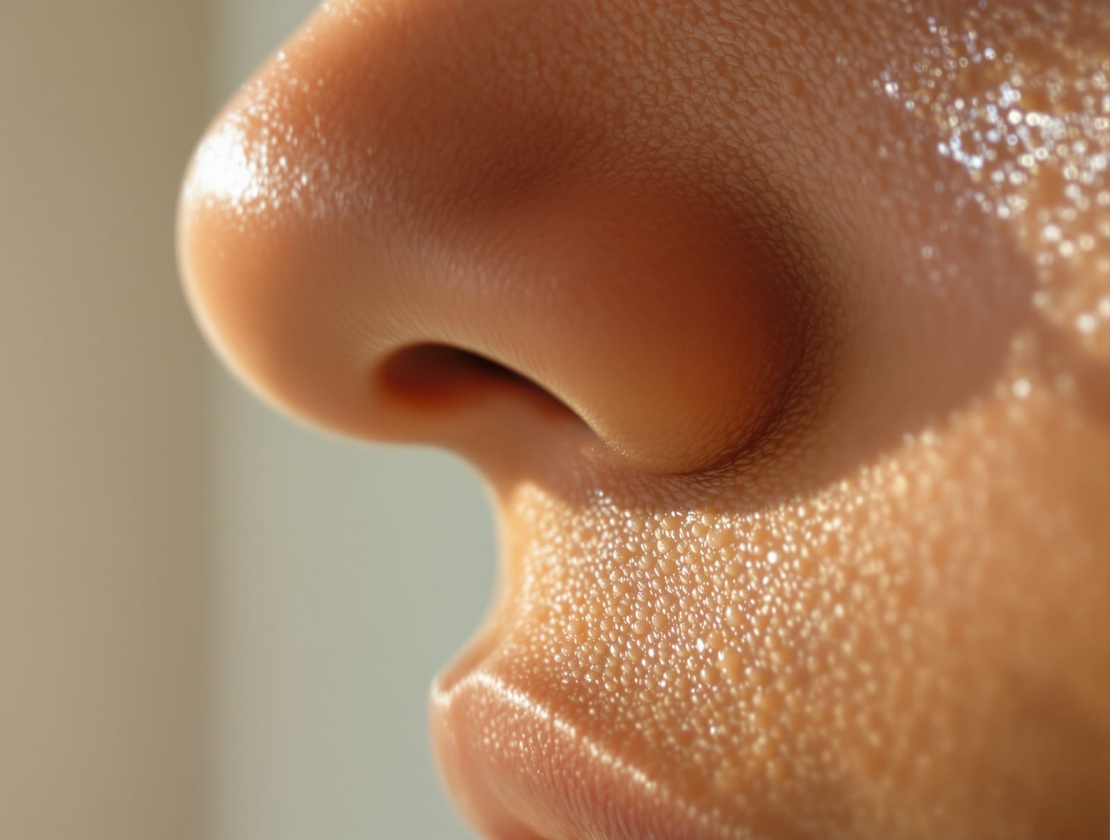 Close detail of healthy adult brown skin across the cheek showing warmth and tone in soft daylight
