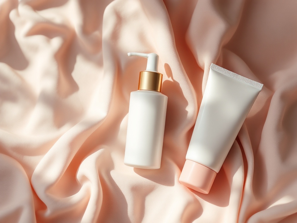 A gentle fragrance-free cleanser and a barrier moisturizer tube laid on soft blush linen