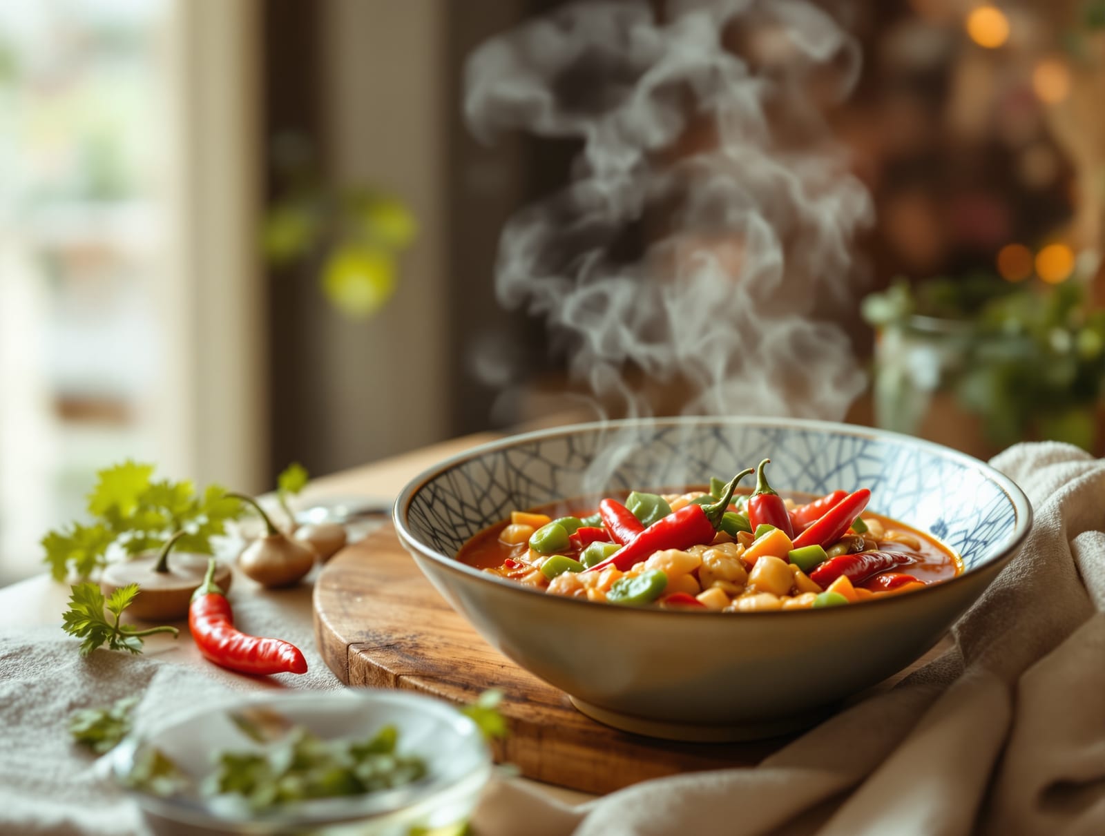 A steaming bowl of spicy food with chili peppers on a warm wooden table in soft daylight