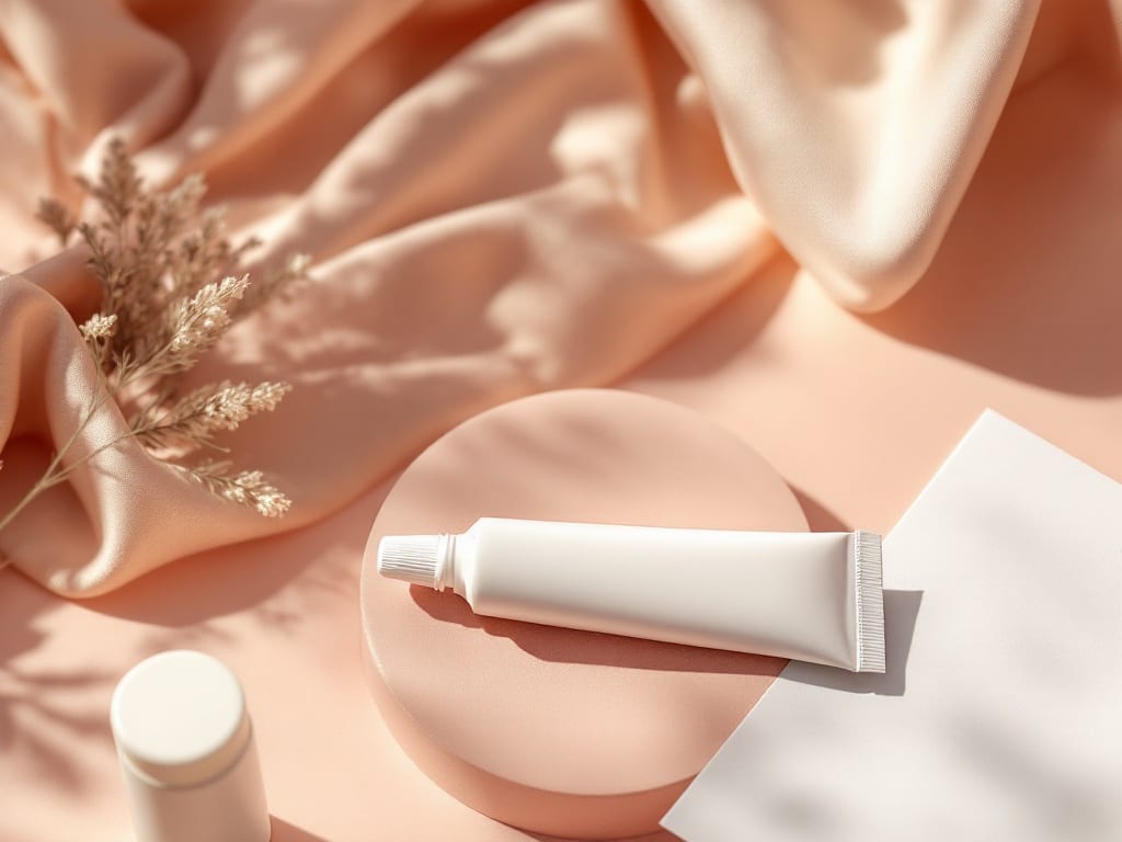 An unbranded white ointment tube set aside on a pale rose clinic surface beside a folded note in soft daylight