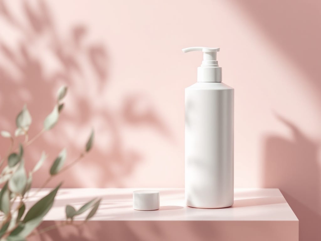 A plain unbranded white cleanser pump bottle on a pale rose clinic shelf in soft daylight with leafy shadows