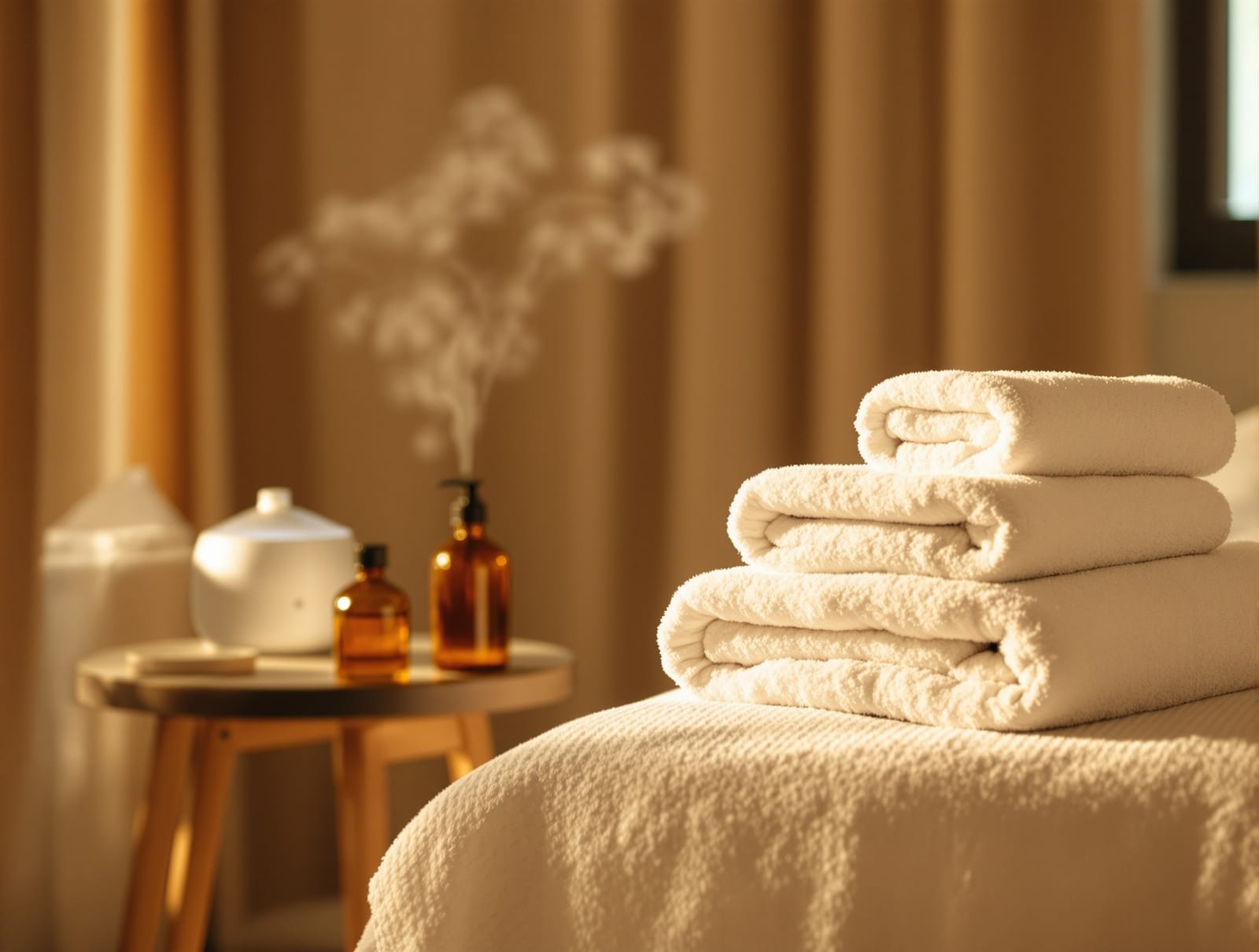 A calm treatment room with a folded white towel, a steamer and small glass bottles arranged on a side table beside an empty facial bed in warm light.